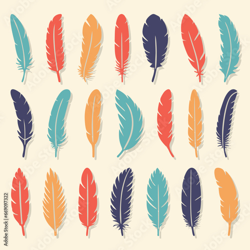 Colorful bird feathers set icon. Feather silhouette. Plumelet flat collection. Vintage pen for calligraphy. Vector isolated on white