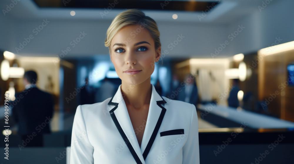 Hotel Manager, hospitality sector, woman manager, business woman welcomes you - obrazy, fototapety, plakaty 