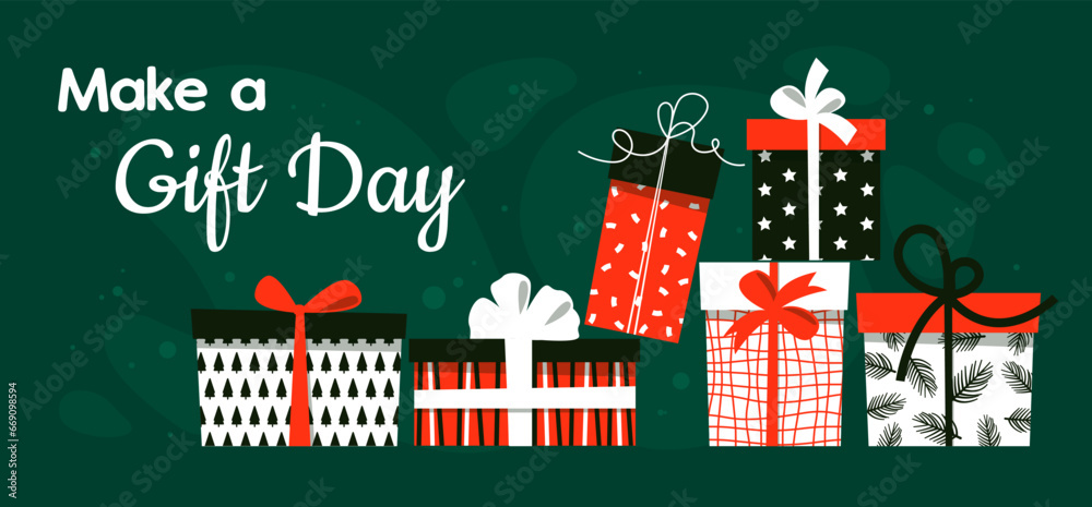 Make a gift day. Xmas surprises, winter holidays presents. Holiday greeting, New Year, birthday or xmas present boxes. Cute design for greeting card. Flat vector illustration isolated on white