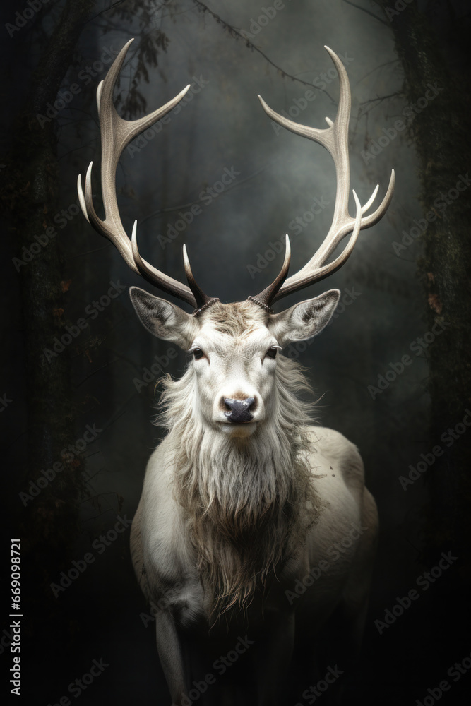 Winter fantastic postcard. deer with giant horns in a fairy-tale snowy forest. Christmas image. Winter wonderland. Winter fantastic postcard. deer with giant horns in a fairy-tale snowy forest. Christmas image. Winter wonderland.