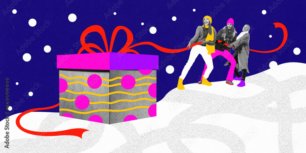 Naklejka premium Cheerful young people pulling giant present box on snow. Getting gifts. Contemporary art collage. Concept of winter holidays, Christmas and New Year, vacation. Creative design. Poster, postcard. Ad