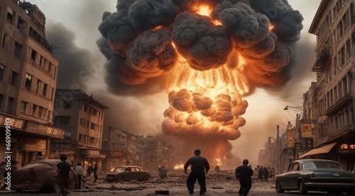 nuclear bomb attack, atomic bomb attack, fire in the city, war scene in the city, fire flames