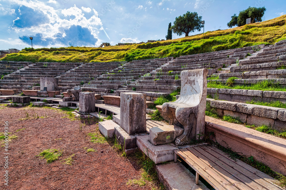 Ruins of the theater in the Ancient Messene, Peloponnese, Greece.