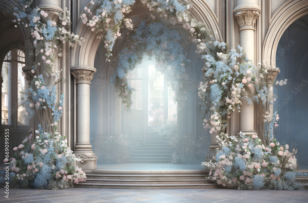 Digital Photography Backdrop: Luxurious Blue Floral Wedding Backdrop with Arch window, Elegantly Themed in Blue, floral aesthetics