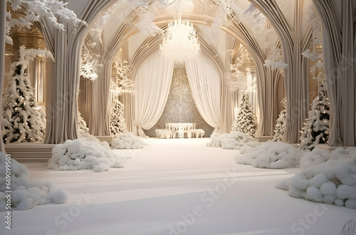 Winter Elegance: Christmas Wedding Digital Backdrop with Luxurious White Drapery and Snowy Hall Decor 