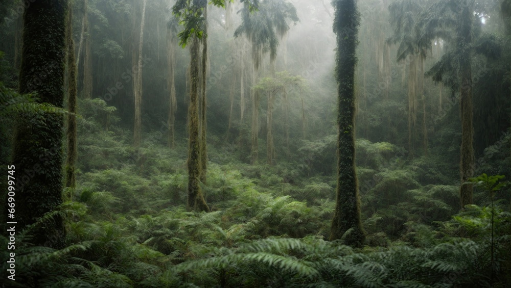 Misty rainforest scene with towering moss-covered trees shrouded in fog. The lush fern underbrush provides a carpet of green, adding to the ethereal ambiance of this untouched wilderness. - obrazy, fototapety, plakaty 