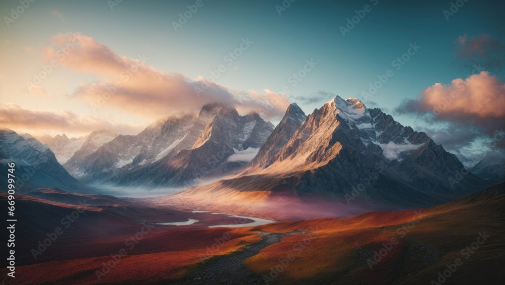 A mesmerizing vista captures rugged mountain peaks under a glowing sky, their sharp contours contrasted against the velvety red and gold hues of the expansive valleys below, hinting at a serene river
