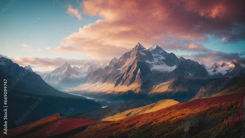 Breathtaking mountain peaks rise sharply against a vibrant sunset sky. The valleys are adorned with rich autumn hues, and a glacial river winds gracefully through the rugged terrain.