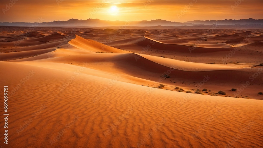 Golden sun rays illuminate the vast desert, casting a fiery glow on the sinuous dunes. Ripples in the sand create intricate patterns, leading to distant mountain silhouettes under a hazy sky.