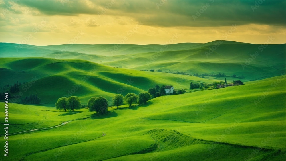 Lush green hills roll seamlessly under a moody sky, casting soft shadows. Isolated houses nestle within the valleys, while mature trees punctuate the verdant landscape, emanating tranquility. Lush green hills roll seamlessly under a moody sky, casting soft shadows. Isolated houses nestle within the valleys, while mature trees punctuate the verdant landscape, emanating tranquility.