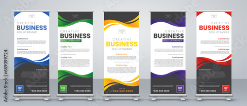Business roll up banner design for business events, annual meetings, presentations, marketing, promotions, with red, blue, green, orange, and purple print ready colors
