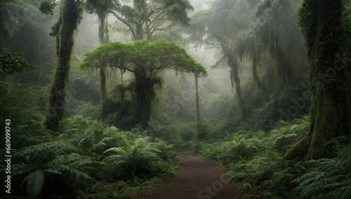 A mystical forest enveloped in mist  with tall moss-covered trees standing guard over a carpet of dense ferns. A narrow trail winds through  inviting explorers to uncover its secrets.