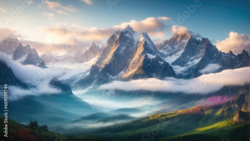 Majestic mountain peaks pierce a cloudy sky  with ethereal mists rolling through verdant valleys. Sunlight bathes the scene  casting a radiant glow on the lush meadows and autumn-tinted trees.