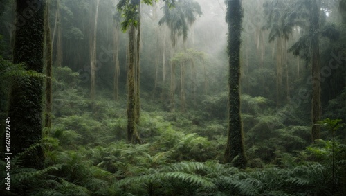 Misty rainforest scene with towering moss-covered trees shrouded in fog. The lush fern underbrush provides a carpet of green, adding to the ethereal ambiance of this untouched wilderness.