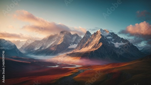 A mesmerizing vista captures rugged mountain peaks under a glowing sky, their sharp contours contrasted against the velvety red and gold hues of the expansive valleys below, hinting at a serene river