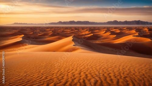 Sweeping dunes stretch beneath a golden sunset  their curves casting contrasting shadows. The vast desert expanse meets distant rocky formations  all bathed in a warm  amber glow.