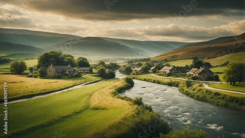 A picturesque village sits by a rushing river  surrounded by golden fields and majestic mountains. The ambient sunlight casts a gentle glow on stone houses  while dark clouds loom overhead.