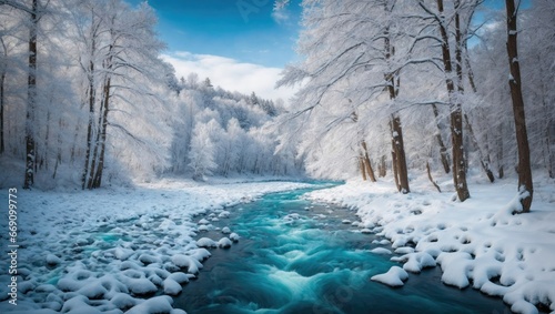 A pristine winter scene showcases a turquoise river flowing gracefully amid snow-covered rocks, surrounded by frost-kissed trees. The ethereal beauty of nature is captured in its icy splendor.