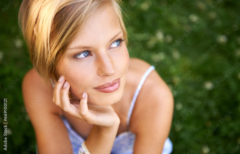 Thinking, outdoor and woman with nature, ideas and happiness with decision, daydreaming and fantasy. Park, person and girl with wonder, fresh air and calm with peace, grass or environment with choice Thinking, outdoor and woman with nature, ideas and happiness with decision, daydreaming and fantasy. Park, person and girl with wonder, fresh air and calm with peace, grass or environment with choice