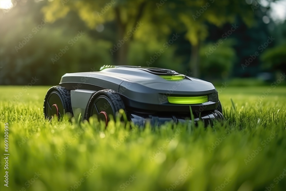 Robot lawn mower on the lawn close-up Robot lawn mower on the lawn close-up