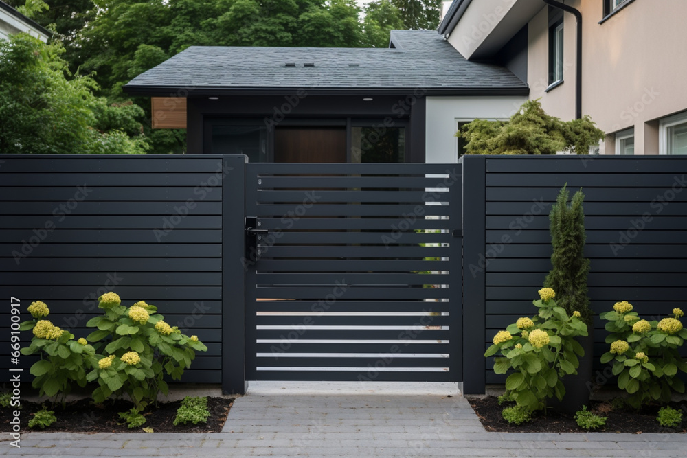 High dark grey home door aluminum gate gray slats portal garden of suburb house - obrazy, fototapety, plakaty 