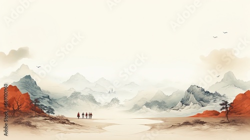 Template Background Chinese Ink Art Landscape Painting Ancient History of China Wallpaper People Civilians Wuxia Online Game Style photo