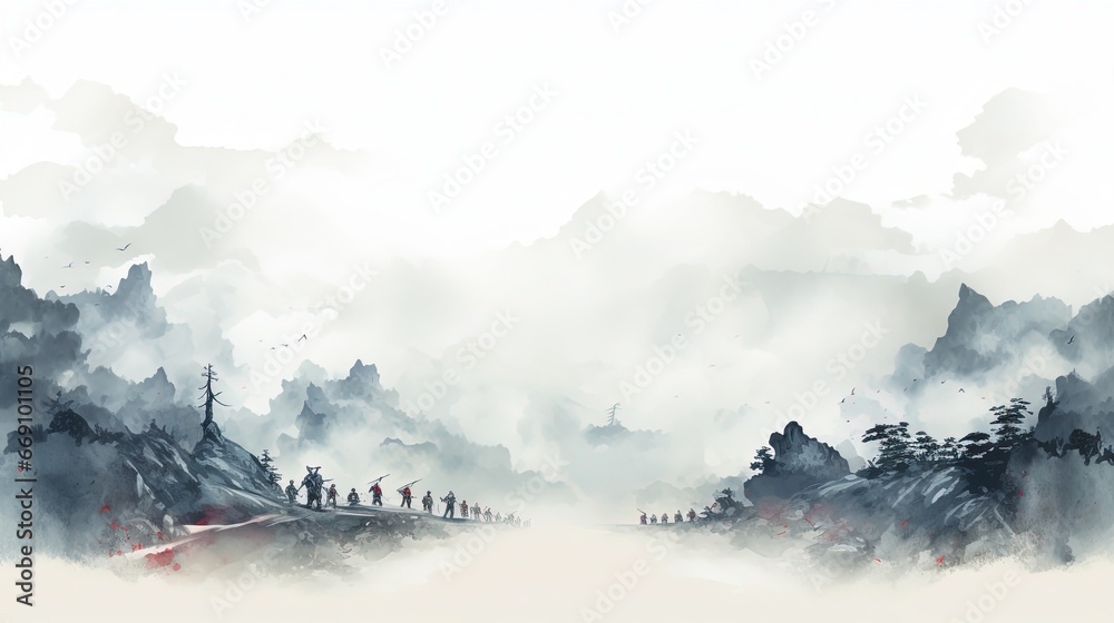 Template Background Chinese Ink Art Landscape Painting Ancient History of China Wallpaper War Battlefield Soldiers Trade Wuxia Online Game Style - obrazy, fototapety, plakaty 