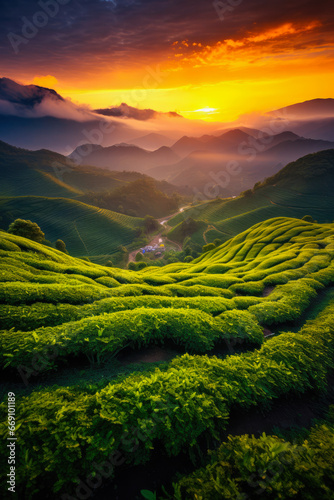 Tea Plantation Landscape at Sunrise 