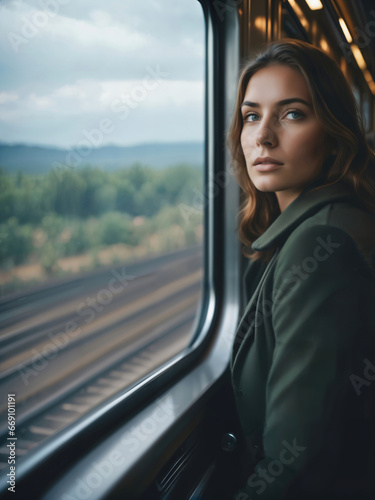 Beautiful young woman looking out the window  while traveling © birdmanphoto