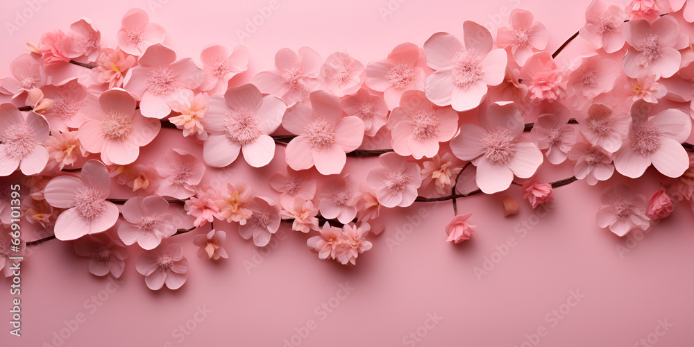 Cherry flowers on pink paper Beautiful pink flowers on pink background branch of pink flowers  Backgroud Image Ai Generative

