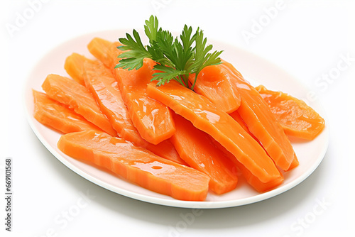 Slices of peeled fresh carrots on a white background