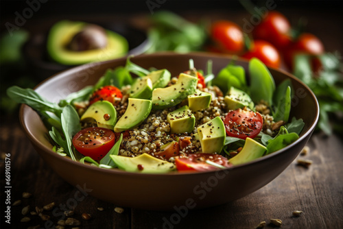 a plate of healthy porridge with a slice of avocado, tomatoes, spinach and seeds © Tetiana Kasatkina