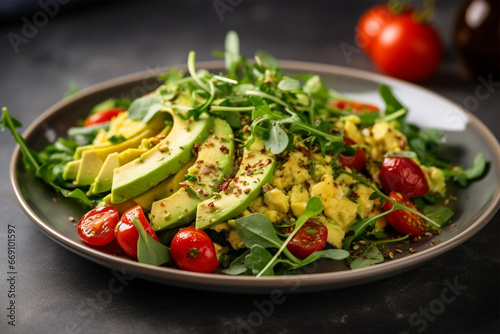Omelet frittata with avocado, tomatoes and arugula