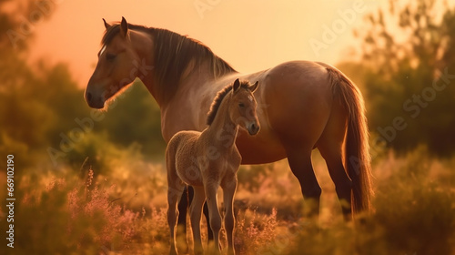 A beautiful brown mare nurturing and teaching her sweet new little foal on a golden summers evening © Renuom