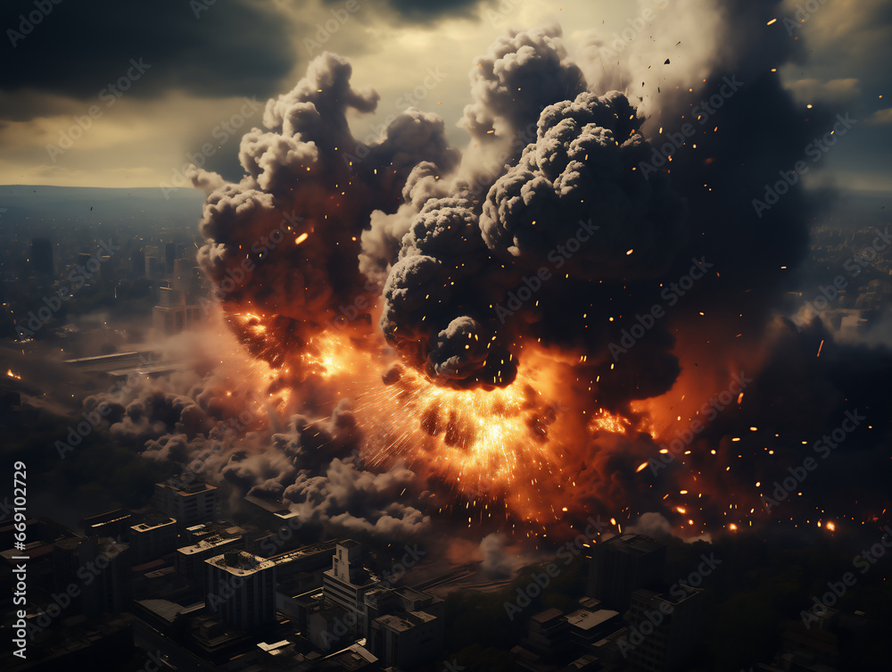 Big explosion in the city at night. Shelling of the city, war Illustration. Generated by AI