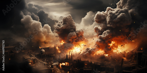 Big explosion in the city at night. Shelling of the city  war Illustration. Generated by AI