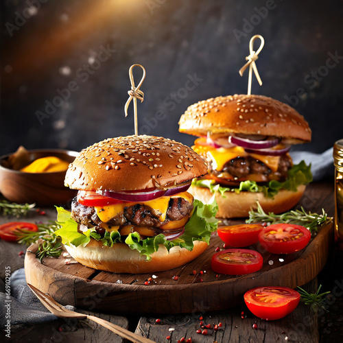 two hamburguers with a rustic setting with a dark backdrop (ID: 669102935)