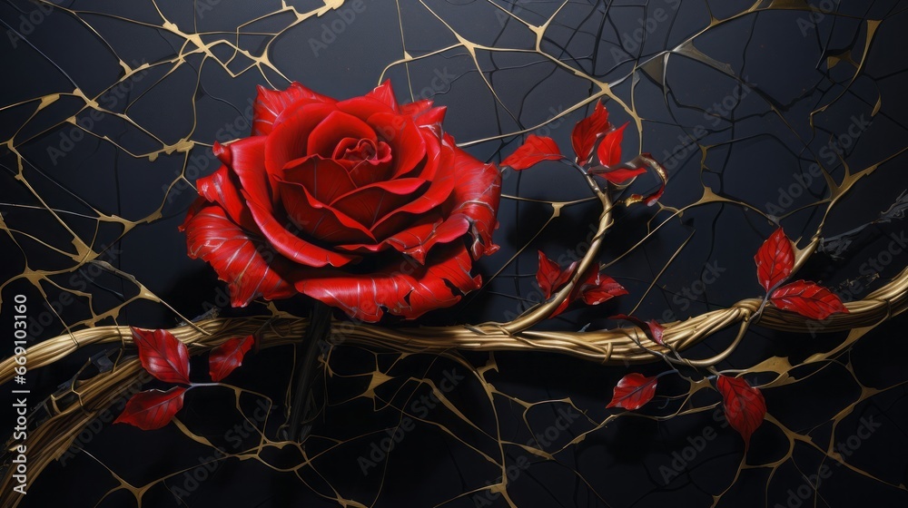 red rose, kintsugi style, copy space, dark background, 16:9 - obrazy, fototapety, plakaty 