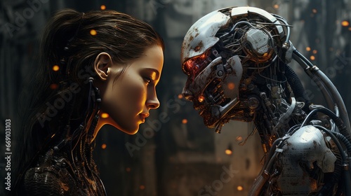 two cyborgs, biomorphic art, concept: future technologie, copy space, 16:9