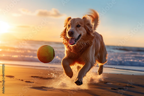 a dog is running on the beach with a ball photo
