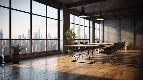 New glass concrete office interior with city view, daylight, wooden floor furniture and equipment. 3D Rendering