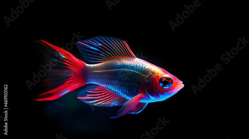 neon tetra lampfish with a shining blue-red stripe on black background photo