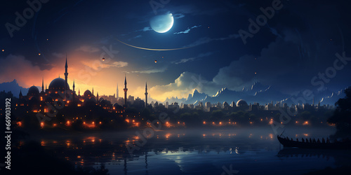 Ramadan Kareem background with mosque and moon. Generated by AI