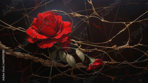 red rose, kintsugi style, copy space, dark background, 16:9 #669103196