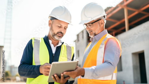 Construction worker engineer digital tablet talking at construction site.