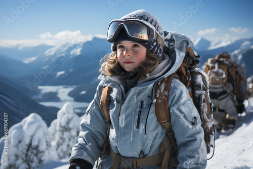 Little girl hiking on the mountains in winter