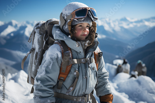 Little girl hiker in the mountains in winter. Hiking outdoors on the mountain.