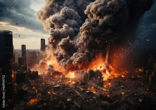 A Building Demolition and Explosion in the City  Capturing the Fierce Dance of Destruction and Change  Crafted by Generative AI