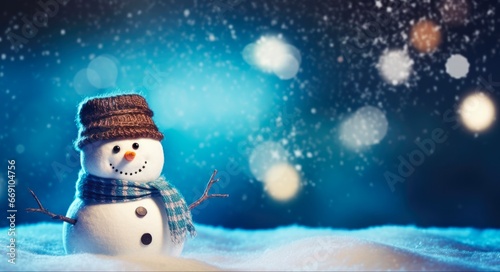 Winter Celebration: Beautiful Christmas Background with Snowman and Calm Blue Bokeh. Merry Christmas Greeting Card with Copy-space © AIGen