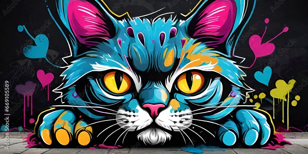 Painting of Colorful cat head full of bright colors and cubist futurism. Digital artwork. Bright stylized cat painted with paints. Arts cat Painting of Colorful cat head full of bright colors and cubist futurism. Digital artwork. Bright stylized cat painted with paints. Arts cat